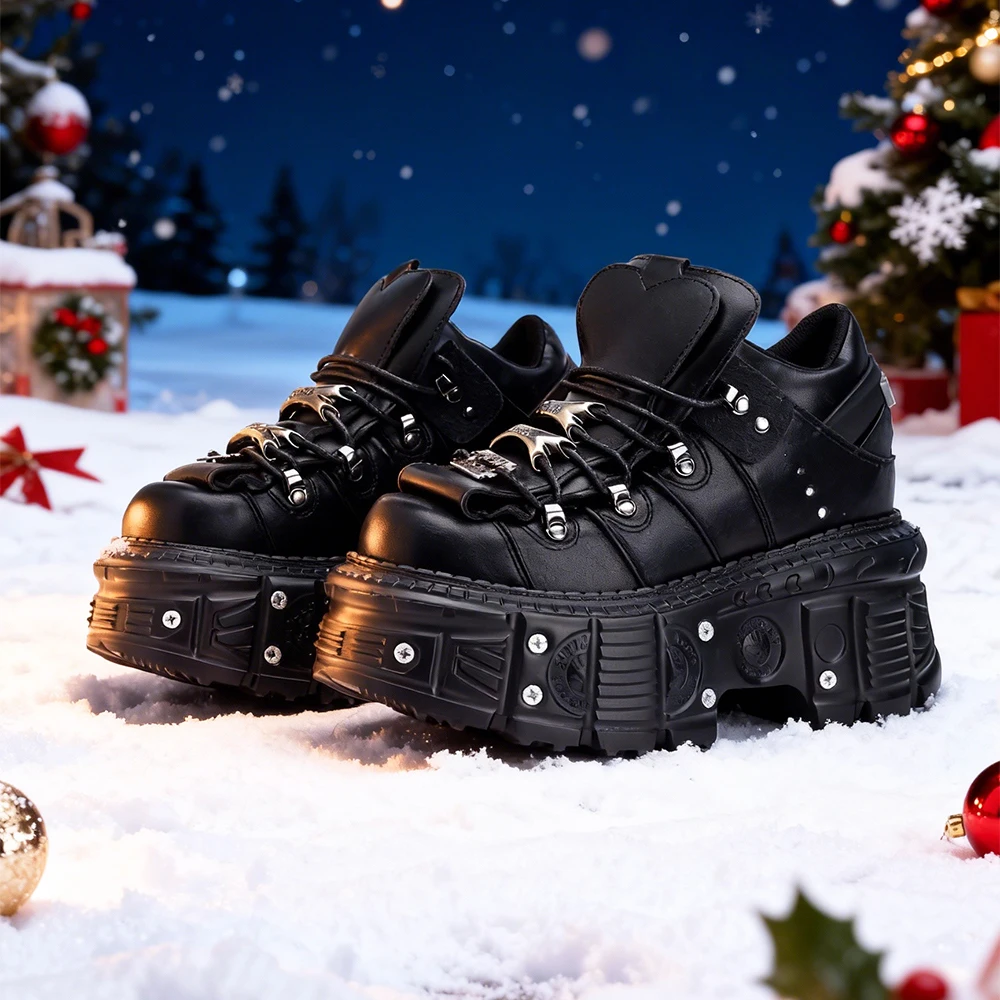 2025 New Punk Style Women Shoes Lace-up Heel Height 6CM Platform Shoes Woman Gothic Ankle Rock Boots Metal Decor Woman Sneakers