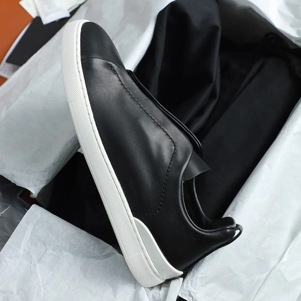 Real leather men's casual skateboarding shoes hiking flat footed low top sports shoes men's off white loafers lazy white shoes