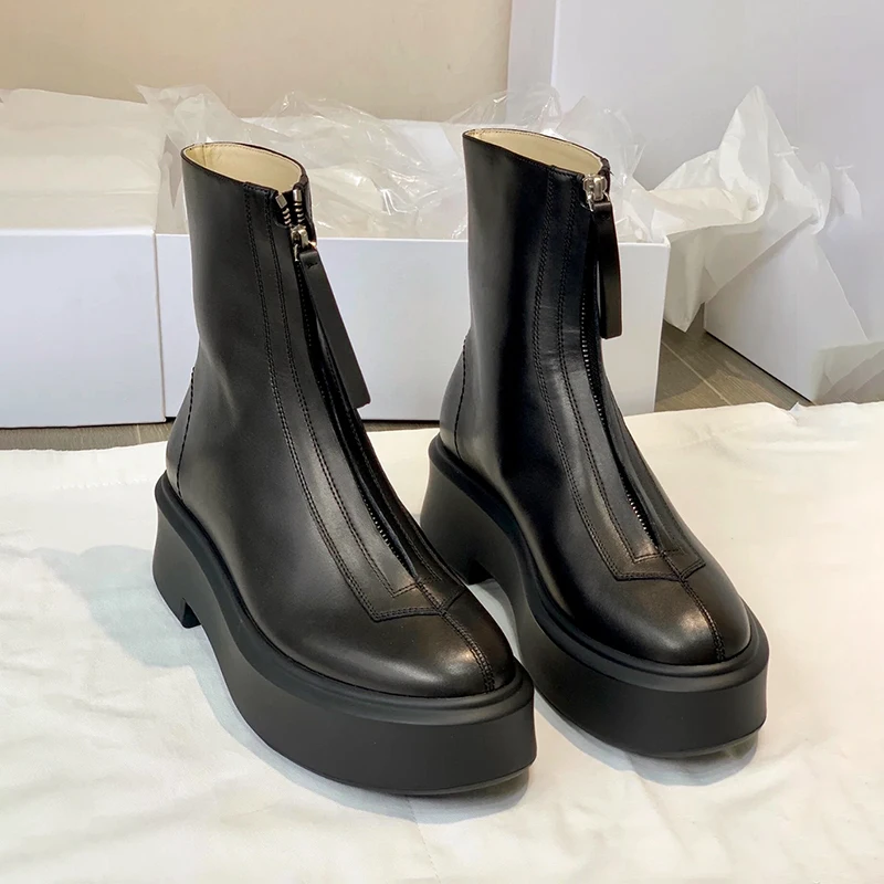 High quality Dermis Thick sole Short boots Women Front zipper Ankle high boots Flat Sloping heel shoes Casual Womens boots