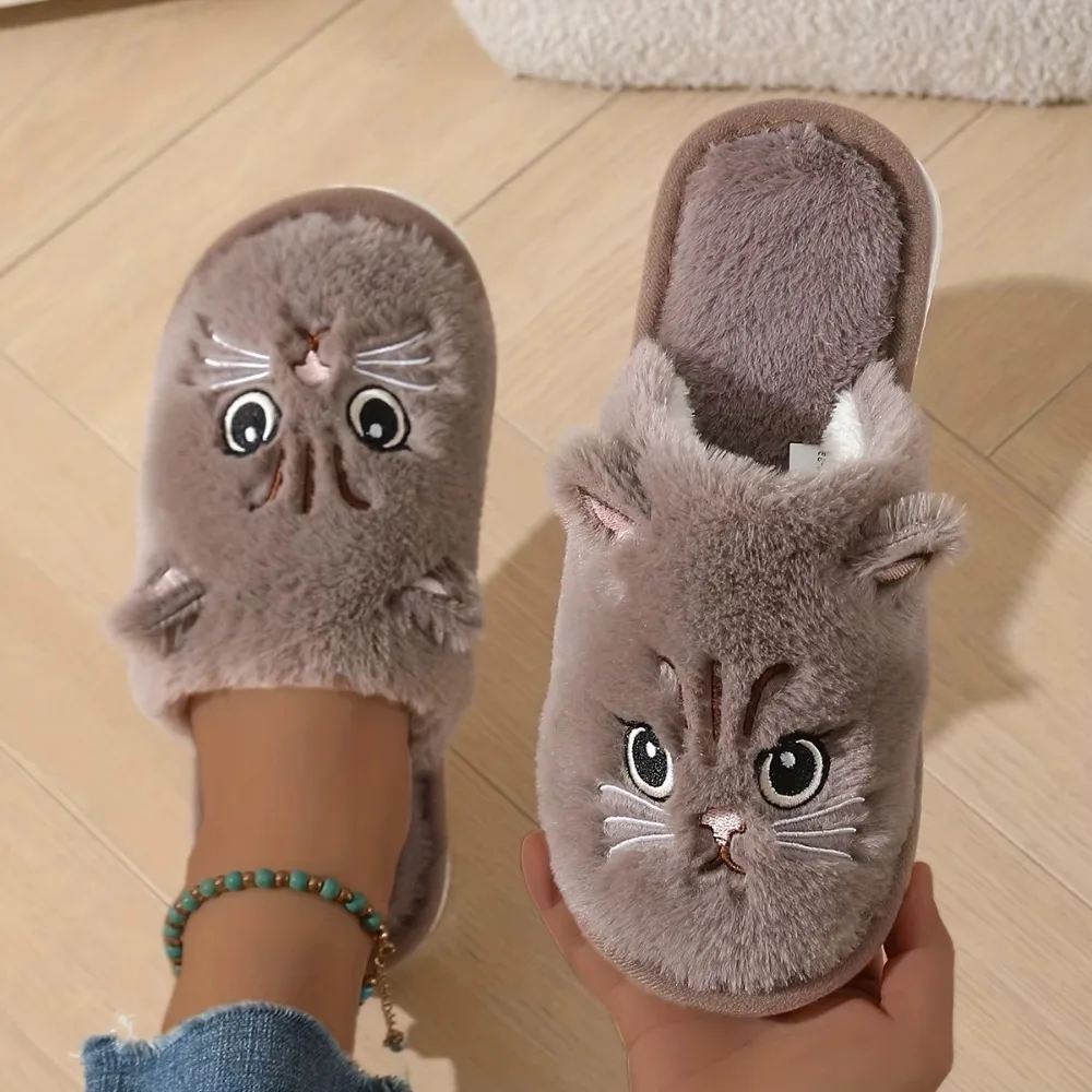 Womens Plush Cat Slippers Winter Warm Cozy Indoor House Shoes Soft EVA Sole Non-Slip Design