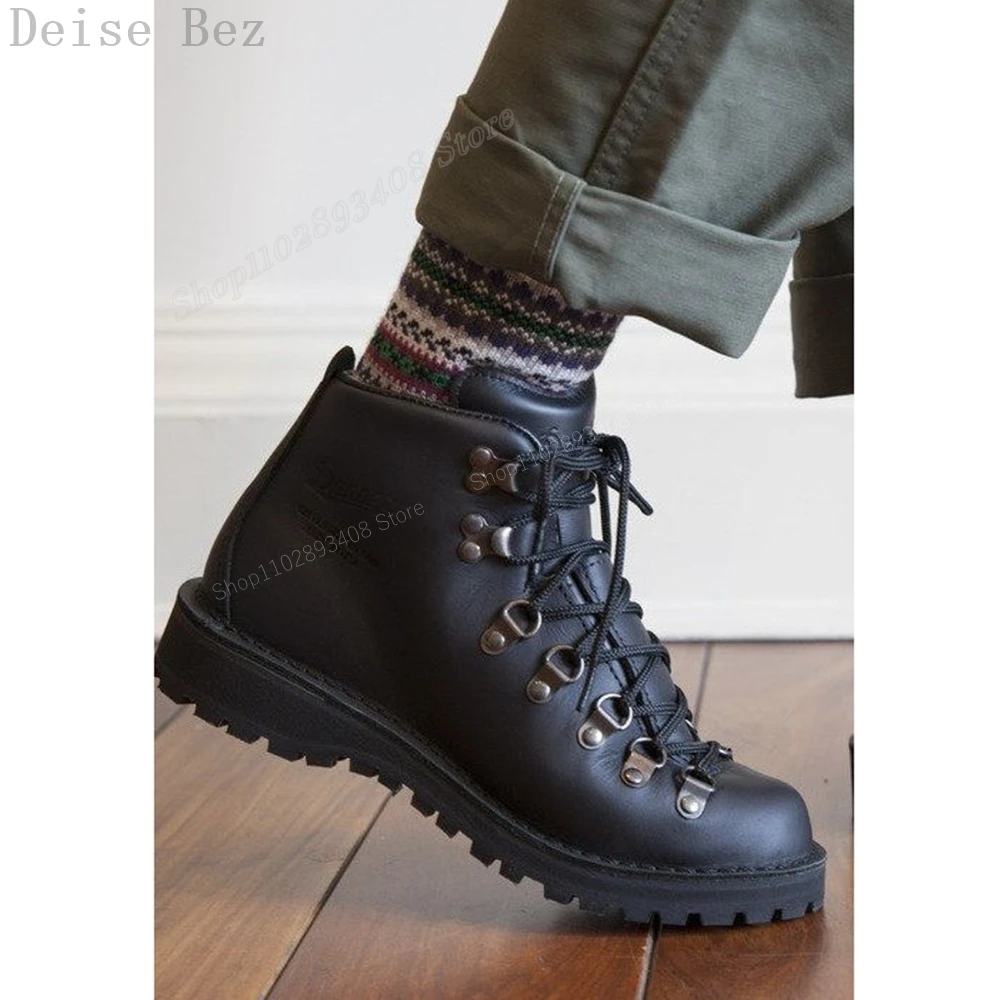 Black Cross Tied Ankle Men Boots Anti-slip Matte Leather Round Toe Lace-up Flat with Classic Men Shoes 2023 Zapatillas Mujer